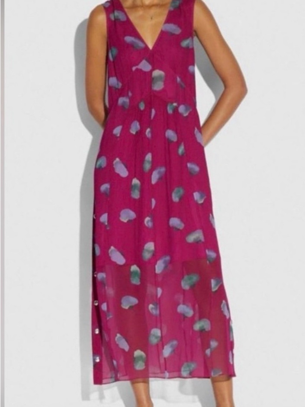 Coach Magenta and Black Floral V‑Neck Dress
